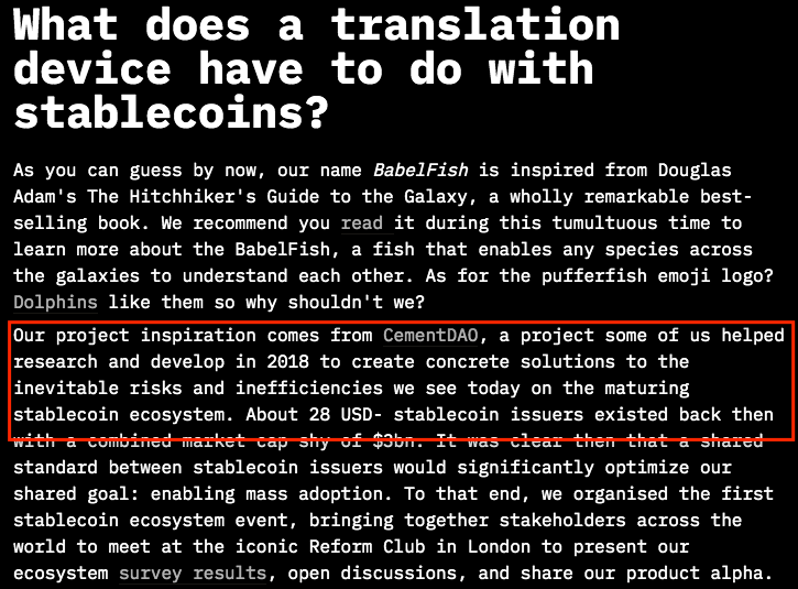 You can learn more DYOR at  https://babelfish.money/ . Here you can find an article which is very interesting. "Our project inspiration comes from  @CementDAO ....". Please do check what CementDAO is  https://www.cementdao.com/  