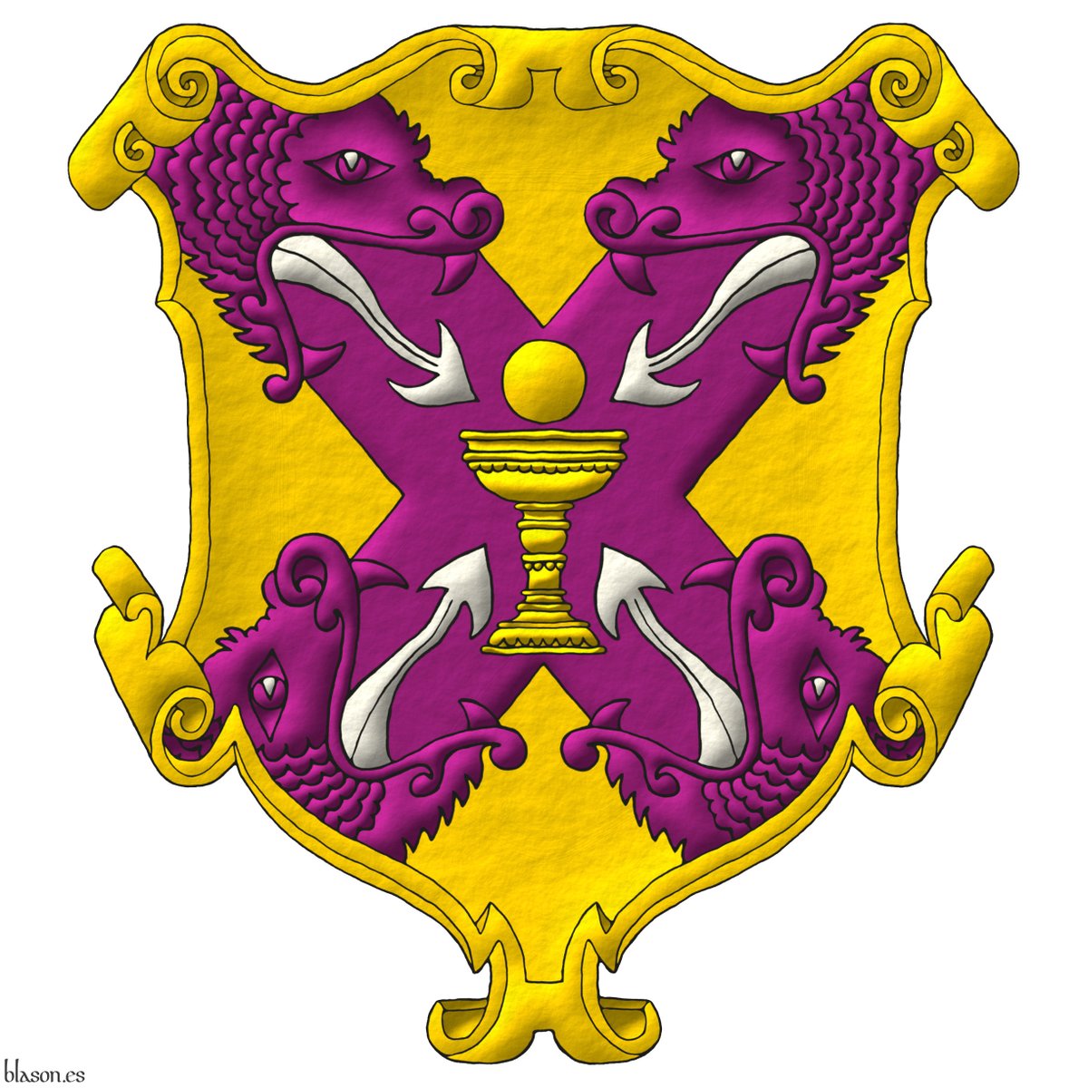 ntoniosalmeron's tweet photo. The coat of arms of Héctor José González García designed and emblazoned by me. Blazon: Or, on a saltire swallowed by four dragons' heads issuant Purpure, langued Argent, a chalice with a host Or.
_
#Coat of arms #Saltire #Swallowed #Dragon #Head #Issuant #Langued #Chalice #Host https://t.co/KKXD4r1EPo