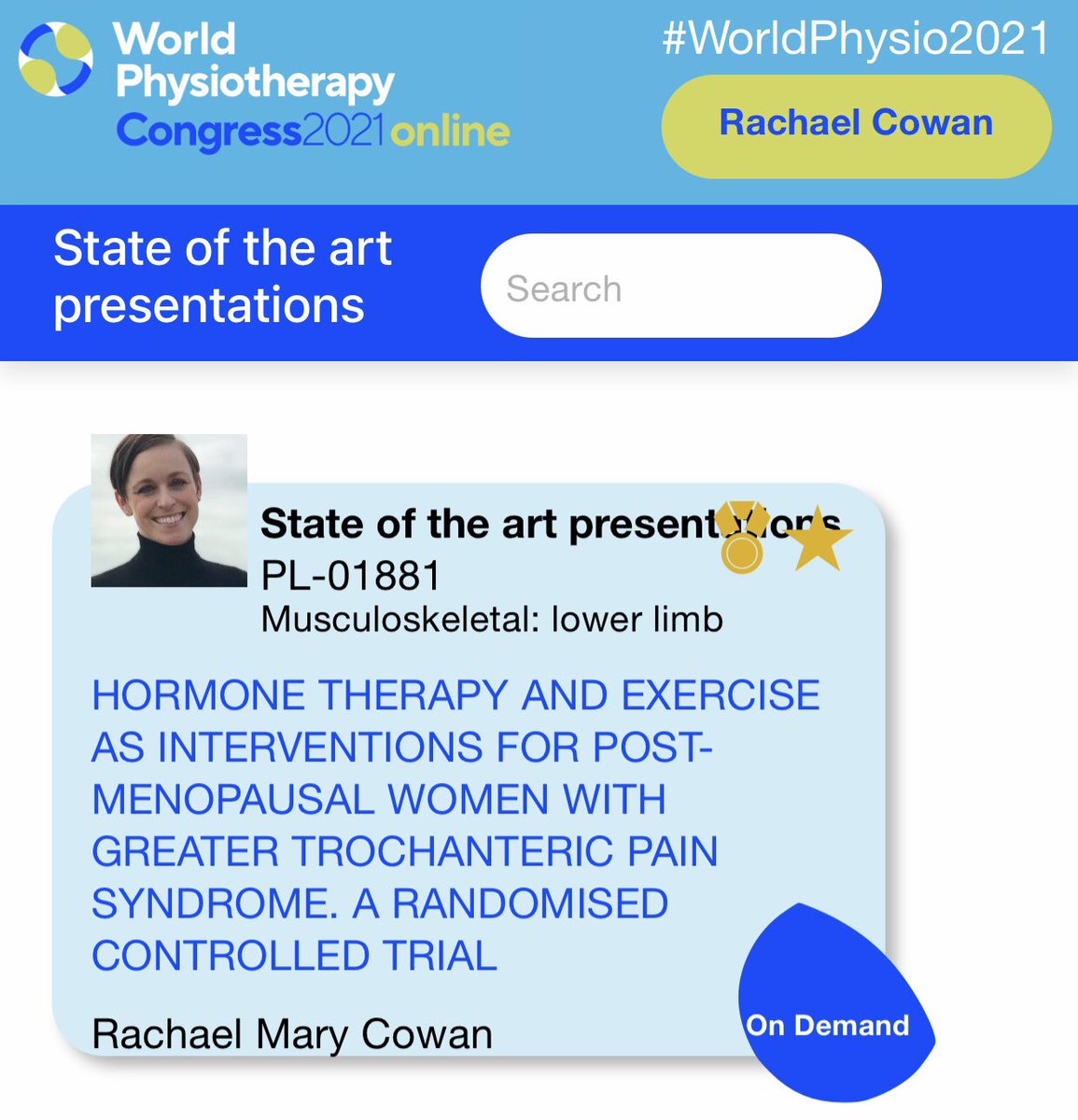 Rachael McMillan (@rachaelmarymac) on Twitter photo Thanks <a href="/WorldPhysio1951/">World Physiotherapy</a> for the opportunity to present <a href="/GLoBEHip/">GLoBE Hip Trial</a> Trial. Humbling to receive outstanding platform presentation award. And thanks to <a href="/PEDro_database/">PEDro</a> for the best RCT award 🥇 #WorldPhysio2021 <a href="/DrTaniaPizzari/">Tania Pizzari</a> <a href="/ProfJillCook/">Jill Cook</a> <a href="/ASemciw/">Adam Semciw</a> <a href="/C_Ganderton/">Charlotte Ganderton</a> Thanks <a href="/WorldPhysio1951/">World Physiotherapy</a> for the opportunity to present <a href="/GLoBEHip/">GLoBE Hip Trial</a> Trial. Humbling to receive outstanding platform presentation award. And thanks to <a href="/PEDro_database/">PEDro</a> for the best RCT award 🥇 #WorldPhysio2021 <a href="/DrTaniaPizzari/">Tania Pizzari</a> <a href="/ProfJillCook/">Jill Cook</a> <a href="/ASemciw/">Adam Semciw</a> <a href="/C_Ganderton/">Charlotte Ganderton</a>