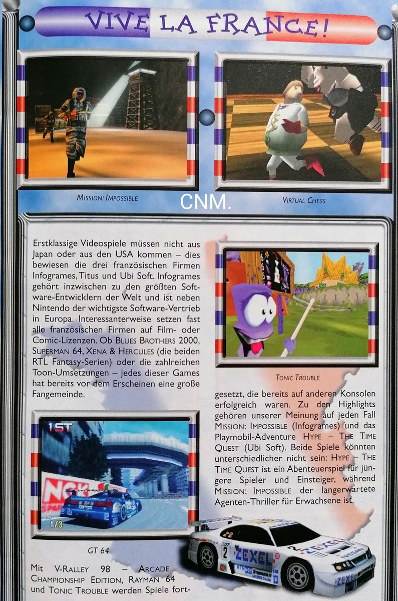 ClubNintendoMem's tweet photo. VIVE LA FRANCE! "Erstklassige Videospiele müssen nicht aus Japan oder USA kommen — dies bewiesen Infogrames, Titus und @UbisoftDE." Heute gibt es von diesen Firmen in der Form nur noch eine. Damals bekannt für Hype —The Time Quest. #ClubNintendo, Ausgabe August 1998. https://t.co/rp4S0n1m9v