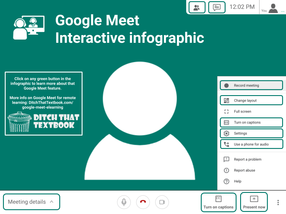 Need some help getting started with Google Meet?

How to use Google Meet for #RemoteLearning

💻Interactive infographic with tutorials
🏫Using Meet in Google Classroom
📹Tips for successful video calls 
❗️ How to host a Kahoot with Google Meet
&amp; MORE

ditchthattextbook.com/google-meet-el…
