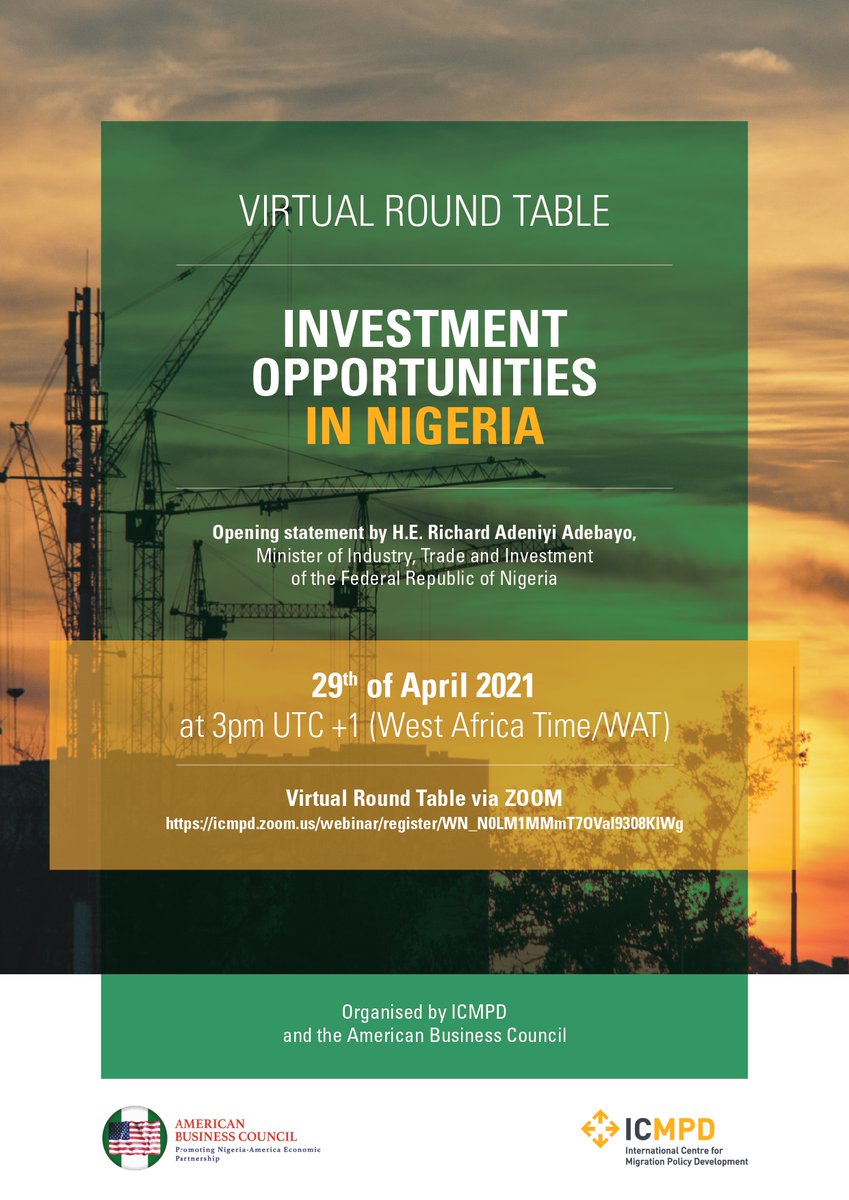<a href="/ABCouncil_ng/">American Business Council NG</a> invites you to its first Trade &amp; Investment Series in partnership with <a href="/ICMPD/">ICMPD</a> themed “Investment opportunities in Nigeria”. 
Our guest speaker, His Excellency <a href="/NiyiAdebayo_/">Otunba Niyi Adebayo</a> will open the session &amp; share the opportunities
To register 👉 bit.ly/3uHGDOU