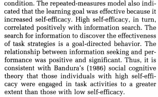 Importantly, the learning goals stimulate increased self-efficacy which correlates with greater likelihood of 'information search'