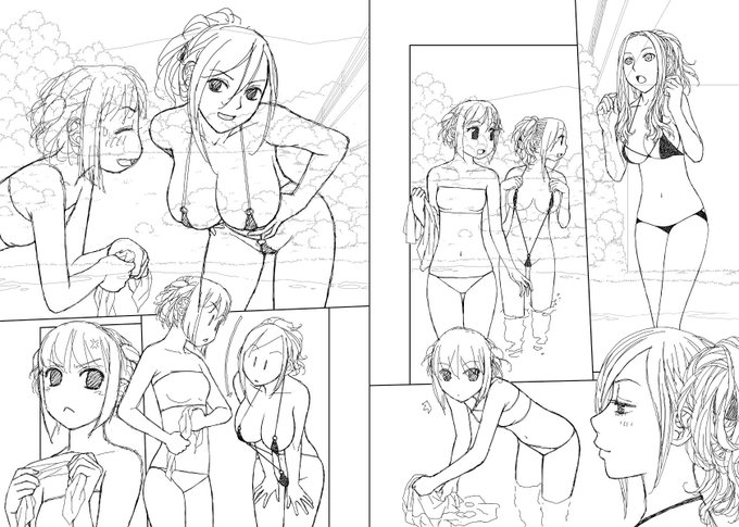 見開き単位で作業してた連載の下描き台詞フキダシ擬音無しバージョン…27↓

水着でサービス回なのですが……
こんなエロ過ぎる水着どこから持って来たんだか…(^^;; 