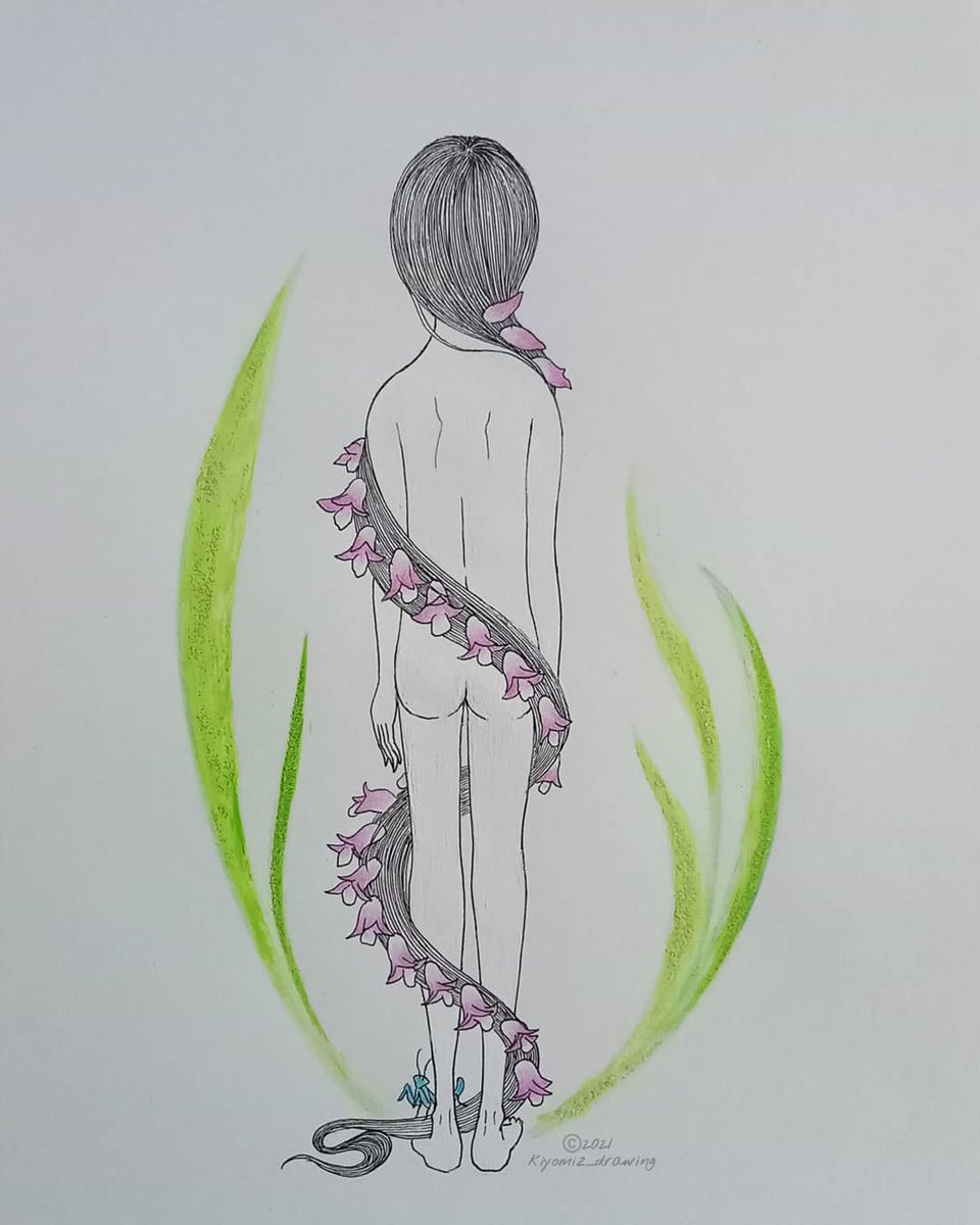 キヨミズドロウイング ネジバナという螺旋状に花を咲かせる植物があります 神秘的です ちなみに聖ヨゼフの螺旋階段には支柱がないそうです ミステリーです イラスト アート オリジナルイラスト 手描きイラスト アナログ画 植物画 人物画 ペン