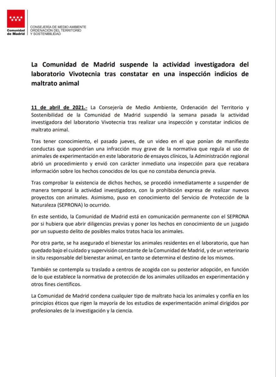 ComunidadMadrid's tweet image. 🔴 Suspendemos la actividad investigadora del laboratorio Vivotecnia tras constatar en una inspección indicios de maltrato animal.