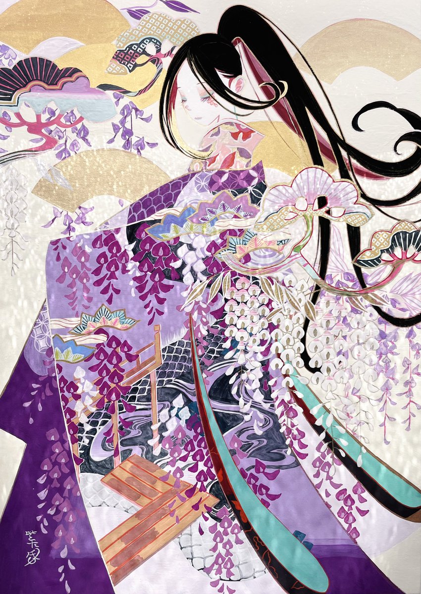 wisteria japanese clothes 1girl solo long hair black hair kimono  illustration images