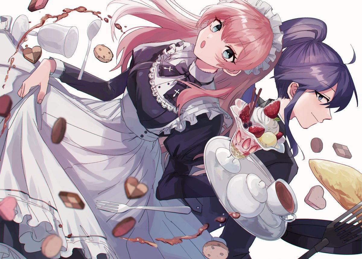 kamui gakupo food maid 1girl 1boy maid headdress pink hair purple hair  illustration images