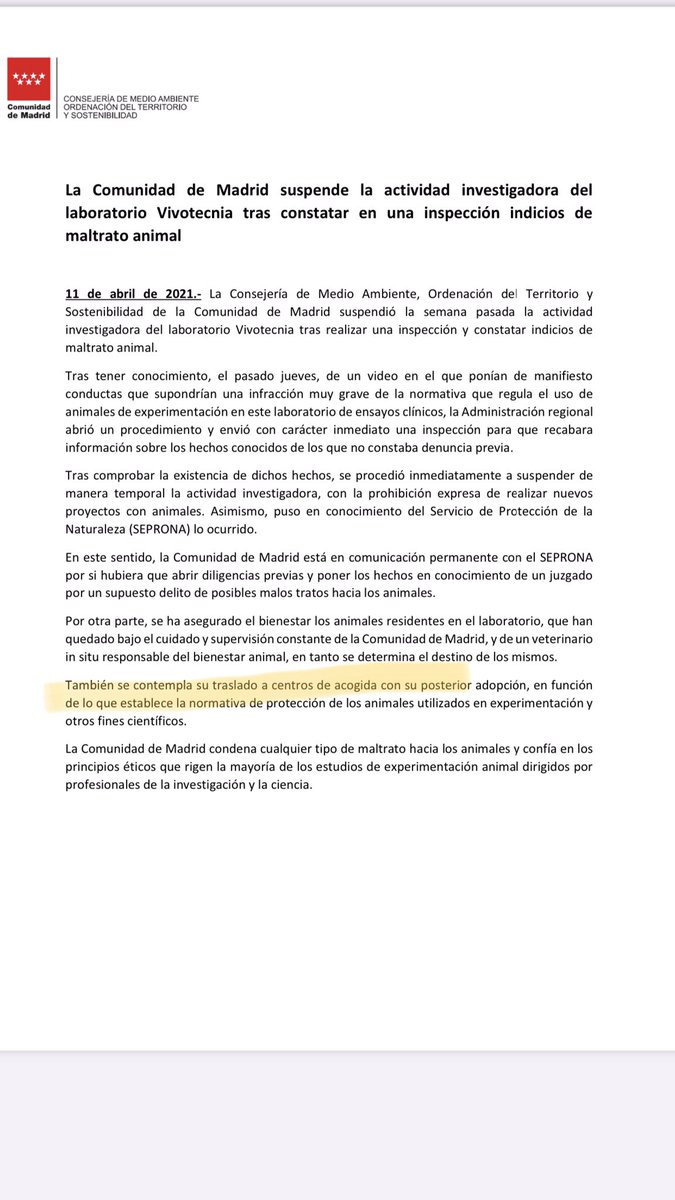 Que la Comunidad de Madrid se plantee la posibilidad de que los animales vayan a un centro de acogida para su posterior adopción es, sin duda, gracias a toda la gente que estáis allí. Gracias por no dejarlos solos.  #RescateVivotecnia