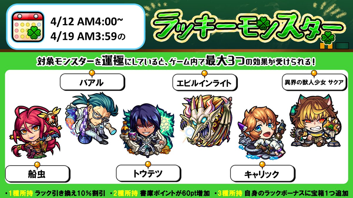 モンスターストライク公式 モンスト 次回のラッキーモンスター 対象モンスターを運極にしている種類数に応じて 最大3つの効果が受けられます 詳細はこちら T Co Grzhh23tka モンスト