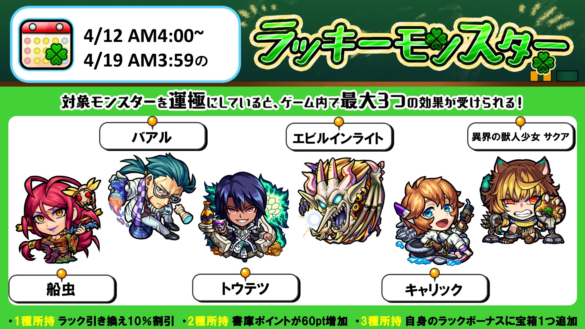 モンスターストライク公式 モンスト 次回のラッキーモンスター 対象モンスターを運極にしている種類数に応じて 最大3つの効果が受けられます 詳細はこちら T Co Grzhh23tka モンスト T Co Hzz9uickun Twitter