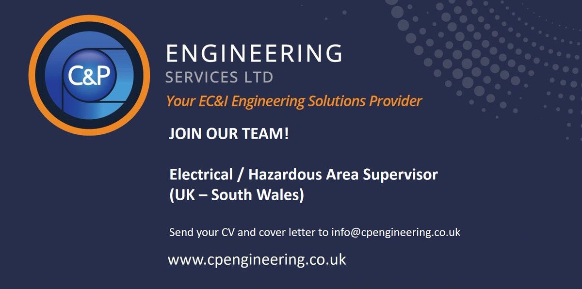 cpengineering's tweet image. JOIN OUR TEAM! Electrical / Hazardous Area Supervisor
Site &amp;amp; Office Based - South Wales, U.K

Find out more about the role and the application requirements&amp;gt;bit.ly/3wWhMJk

To apply, please email your current CV with a cover letter to info@cpengineering.co.uk