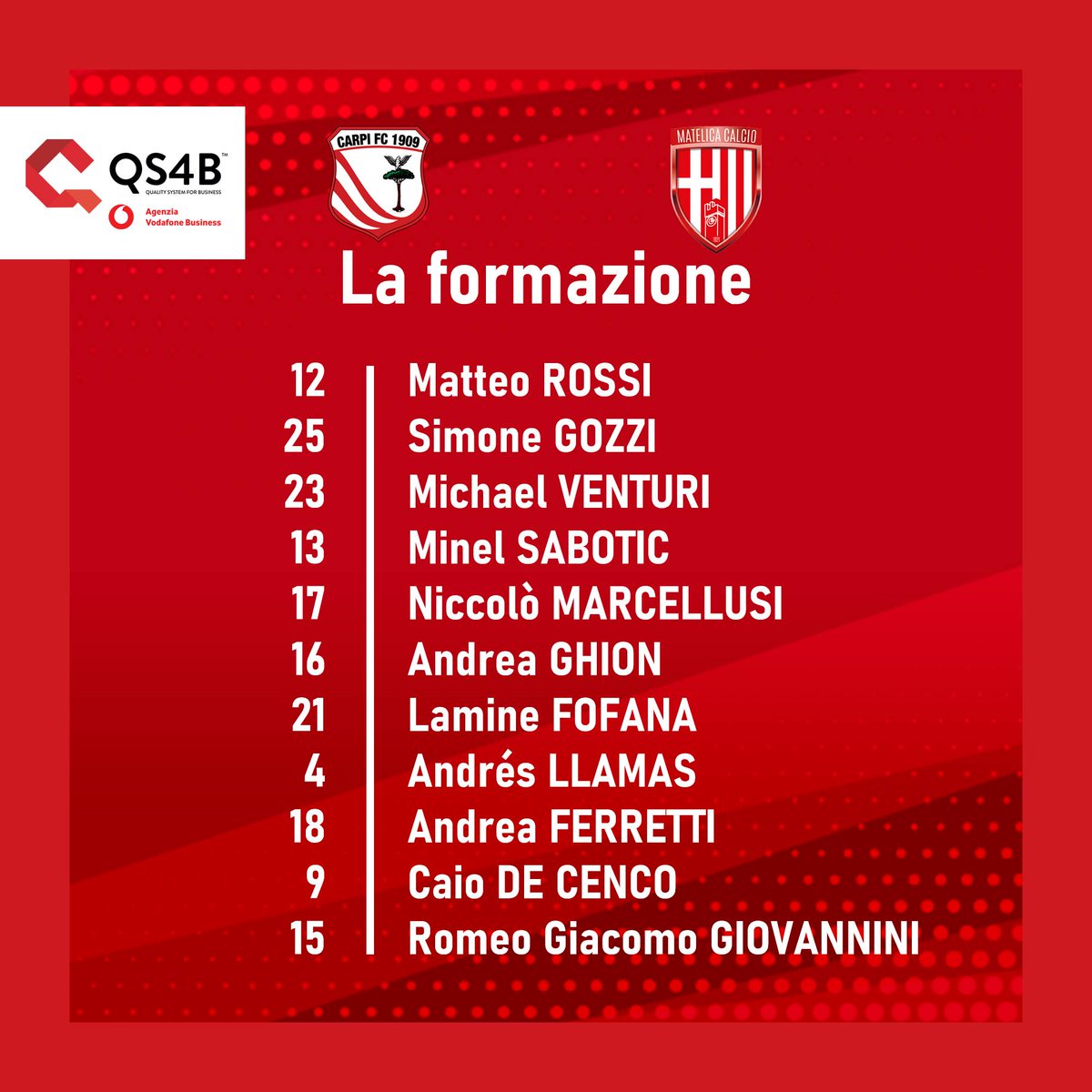 ac_carpi's tweet image. 📋 CARPI-MATELICA, LA FORMAZIONE SCELTA DA MISTER POCHESCI

Formazioni iniziali e live match 👉carpifc.com/.../carpi-fc-1…

⚪️🔴
#ForzaCarpi #CarpiFc1909 #FieriDeiNostriColori #Gameday #Modena90 #ElevenSport #CAPMAT #vodafonebusiness #telefonia #digitalizzazione #partnership 🇲🇨