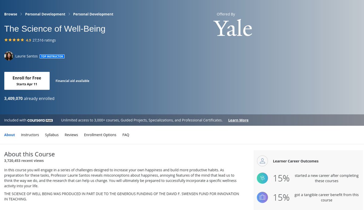 denicmarko's tweet image. Yale University offers this free course on building more productive habits.

Instructor: @lauriesantos.

Link to enroll: coursera.org/learn/the-scie…