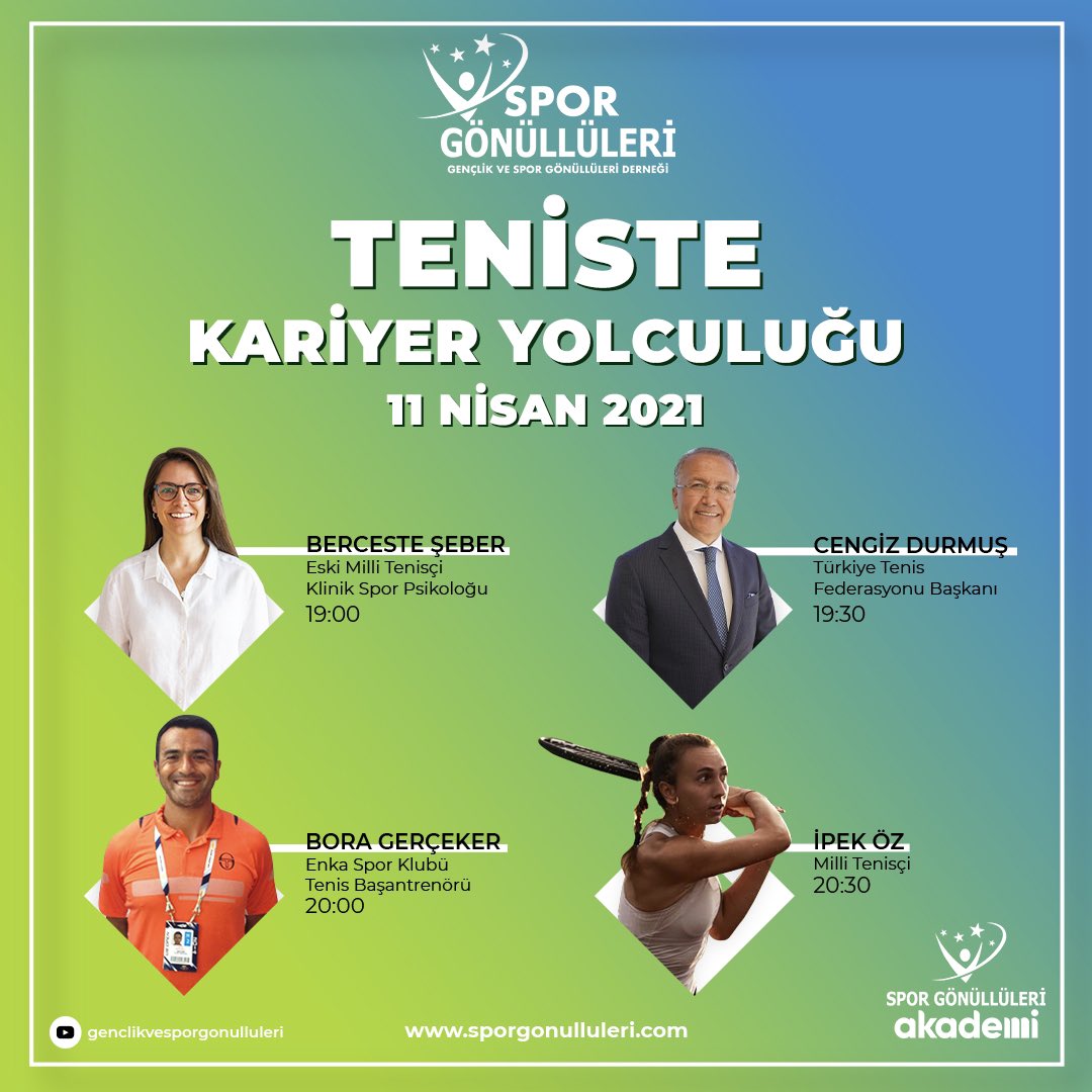 Tenis branşını her yönüyle konuşacağımız, uzman isimleri spor gönüllüleri ile buluşturuyoruz. 
@BercesteSe @TTFCengizdurmus @ipekozz9 

Yayınımız zoom üzerinden gerçekleşecektir. Bizi takipte kalın @sporgonulluler