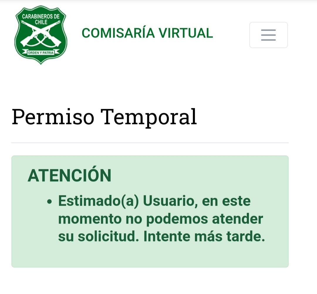 Harta de la #ComisariaVirtual, cuando intentamos cuidarnos y sacar permiso temprano para evitar aglomeraciones <a href="/Carabdechile/">Carabineros de Chile</a> brillan por su inoperancia como siempre. Ésta es otra más de la #variantepiñera