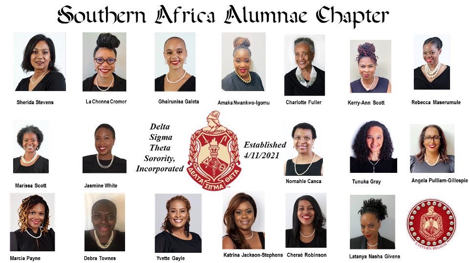 easternregdst's tweet photo. Today the Dynamic &amp; Historic Eastern Region welcomes a new chapter - Chapter #1059 - to our illustrious sisterhood! Congratulations to the 18 charter members of the Southern Africa Alumnae Chapter! #SAAC #DSTSAAC #ERSouthernAfrica @dstinc1913 https://t.co/4lFAZPzlyf