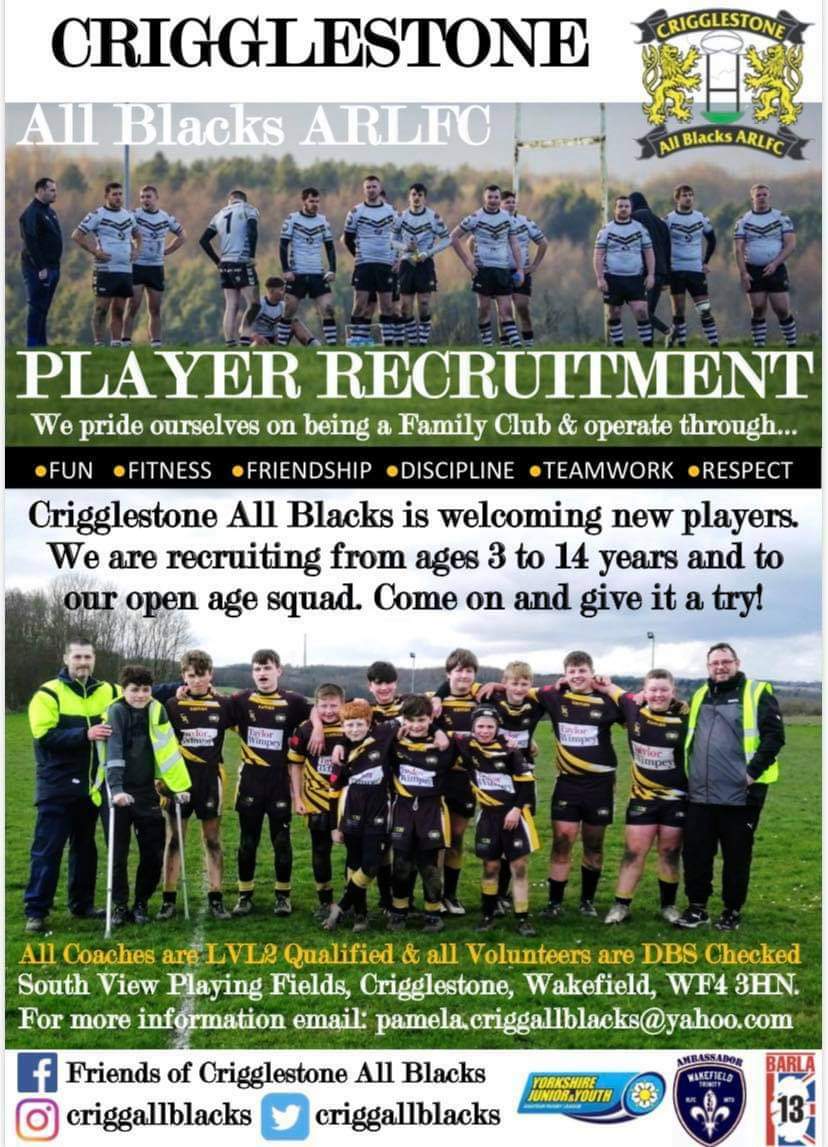 Back to training and looking for new players. Get in touch for more info. #Freeforall <a href="/all_crigg/">CriggAllBlack10s</a> <a href="/crigg_open_age/">Crigglestone All Blacks ARLFC</a> <a href="/YorkshireJunior/">Yorkshire Junior and Youth League</a> <a href="/WTComFoundation/">Wakefield Trinity Community Foundation</a>