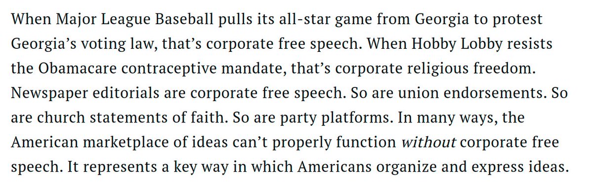 3) But in all these cases,  @DavidAFrench argues, these are forms of speech. That’s what MLB is doing by pulling the game, and what private platforms moderating content are doing.And conservative voices *aren’t actually* being suppressed: