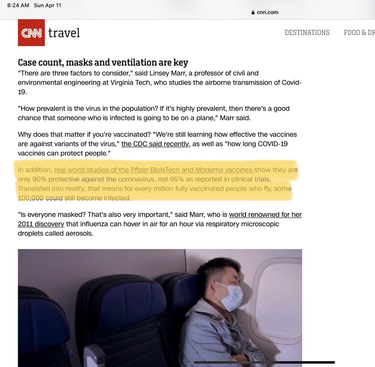 CNN article on how to safely fly claims that 90% vaccine efficacy means that for every million who fly, we could have 100,000 infections. NO NO NO. That’s not what that number means. Also, this didn’t even happen when millions flew unvaccinated. So how could it make sense now?