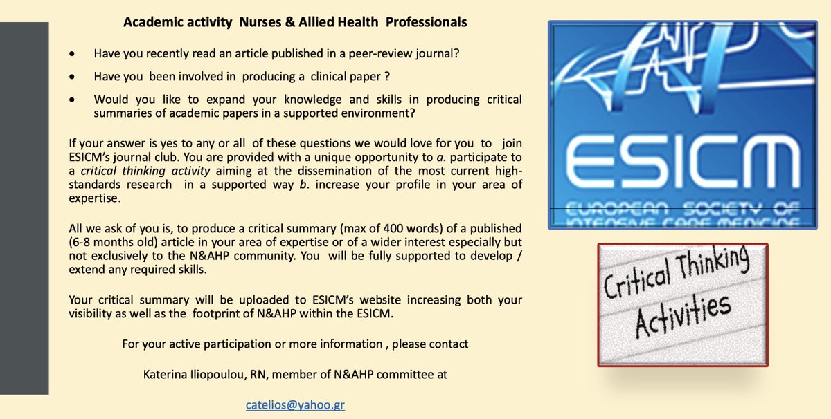JMellinghoff's tweet photo. Academic activity for N&amp;AHPs. @ESICM review club is looking for new participants. Please contact @katerinailiopou via twitter or catelios@yahoo.gr @Silvia53230923 @mvanmol2704 @NikolaosEfstat2 @ElsaAfonso @BOULANGERCAROLE @marta_bork 
@JosLatour1 @lavieenpyj  @HeatherBaid https://t.co/l2B9dGmHdy