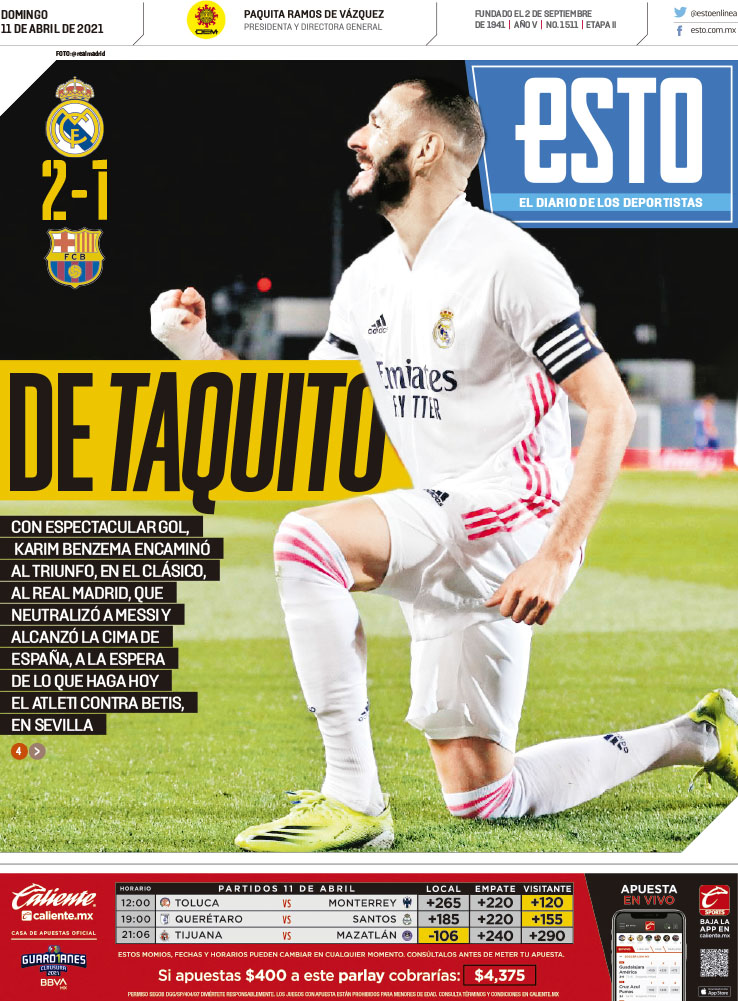 estoenlinea's tweet photo. ¡Feliz domingo! Hoy en tu #ESTOAzul 

Karim Benzema guía victoria del Real Madrid sobre Barcelona con un golazo de taquito 🇪🇸

¡Encuéntralo dentro de @elsolde_mexico! https://t.co/6rBHGHaHgG