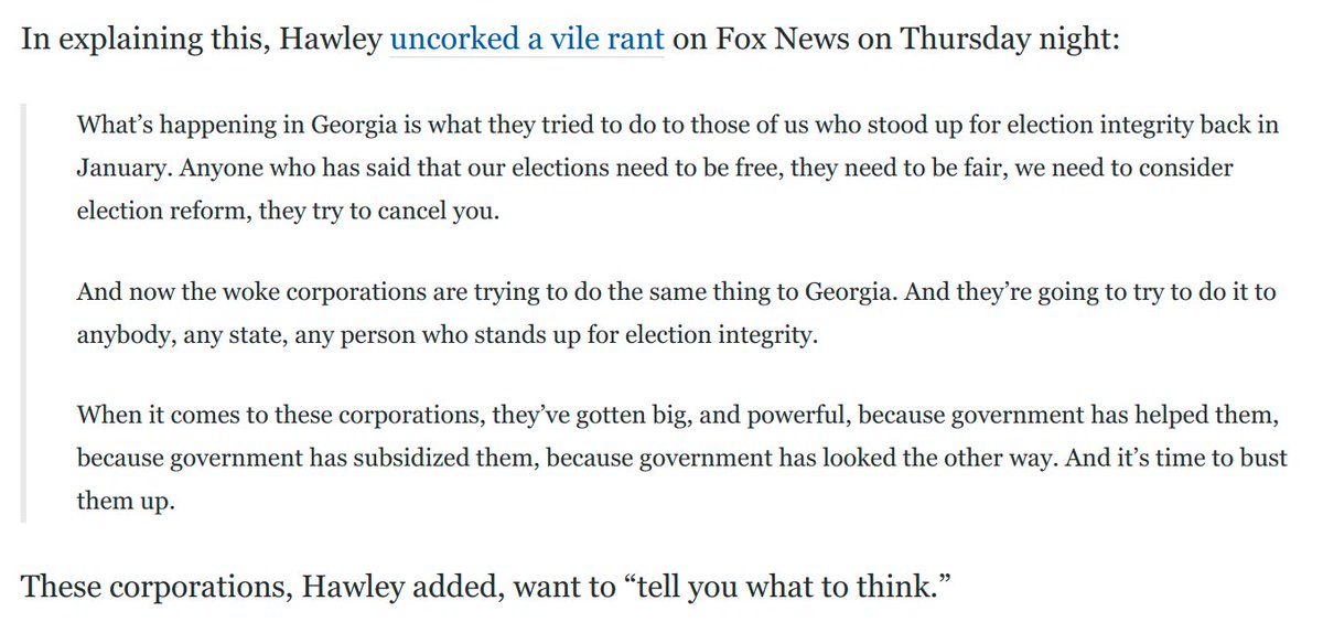 5) Just as Georgia Republicans targeted Delta, Josh Hawley, the king of bad faith posturing, will offer a new proposal busting up “giant woke corporations,” after blasting MLB for opposing “election integrity,” a.k.a. voter suppression:  https://www.washingtonpost.com/opinions/2021/04/09/josh-hawley-fox-news-rant-woke-corporations/