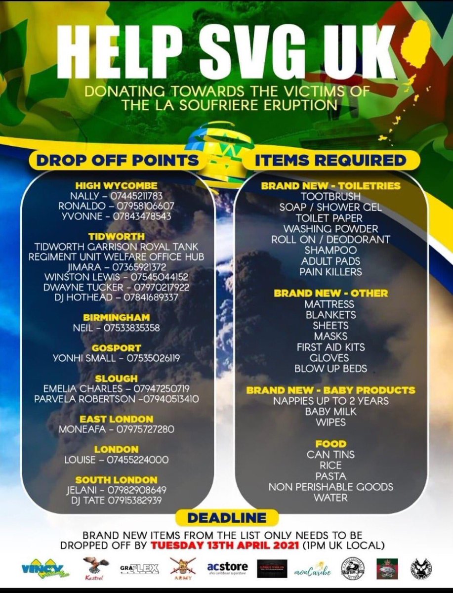 The UK community is really stepping up its efforts to offer assistance in the wake of  #LaSoufriereEruption. Check out this flyer for drop off points for essential items for more details. 
