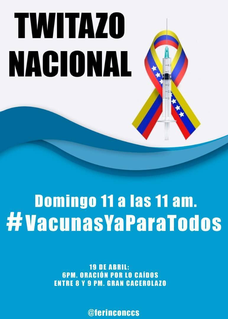 FrentAmplioVzla's tweet photo. Hoy colaboremos con el twitazo nacional exigiendo vacunas contra covid-19 para todos los venezolanos ya. Hay millones de vidas en riesgo y no podemos esperar más. #VacunasYaParaTodos https://t.co/apTWmemuNp
