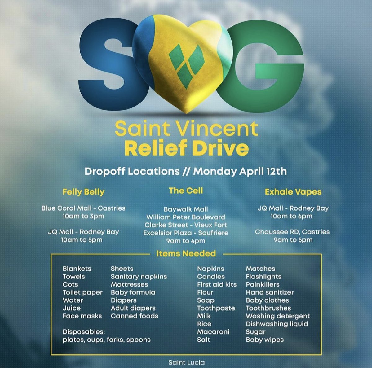 SLU, this one is for you! Local businesses Felly Belly, The Cell + Exhale Vapes have come together to organize a Relief Drive to assist our brothers and sisters in St. Vincent and the Grenadines. Big up Baywalk Mall and Rodney Bay!   #CaribbeanStrong
