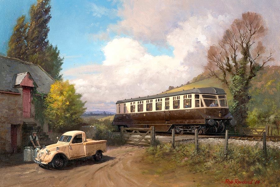 HWarlow's tweet photo. This one explains my love and devotion for Rob Rowland’s paintings .  You dont just get the train, as lovely as it is , but also more detail. Fab Citroen truck and an old barn  etc etc https://t.co/A79E4ngZtf
