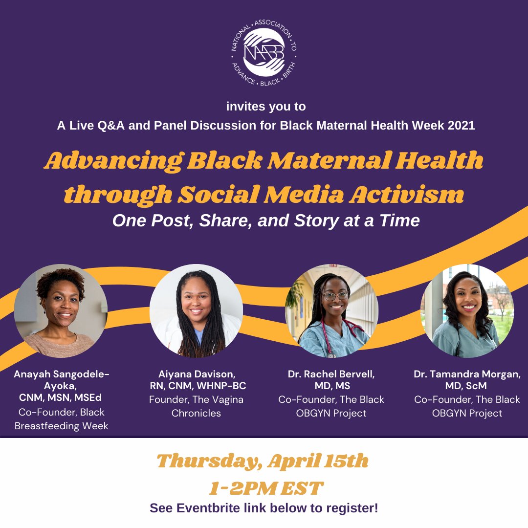 thenaabb's tweet photo. Today marks the beginning of #BMHW21! We are thrilled to partner w/@BlackMamasMatter as a sponsor for the 4th Annual Black Maternal Health Week! Click the link in the bio to register for NAABB’s #BMHW week webinar on the role of social media in advancing Black Maternal Health. https://t.co/6vtbGsg07r