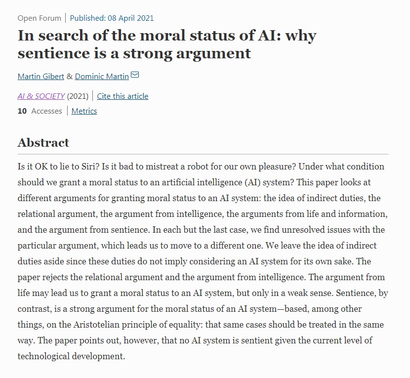 David_Gunkel's tweet image. #nowreading &quot;AI &amp;amp; Society&quot; 
Looks to be a really interesting counter-argument to the &quot;relational turn&quot; in #AIEthics #robotrights. So much so that it could be titled &quot;The Properties Approach Strikes Back&quot; @MCoeckelbergh @JoshGellers @grok_ @JohnDanaher 

doi.org/10.1007/s00146…