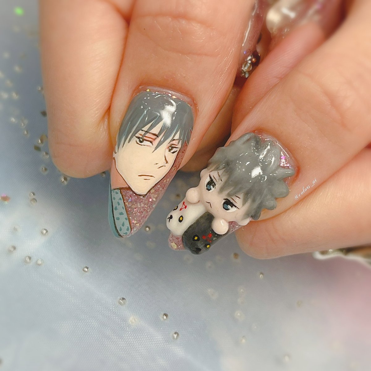 Color Sすずきあい A Twitter お客様オーダー 呪術廻戦伏黒恵 痛ネイル お友達とお揃いデザインでキラキラピンクにお名前パーツ 痛ネイル