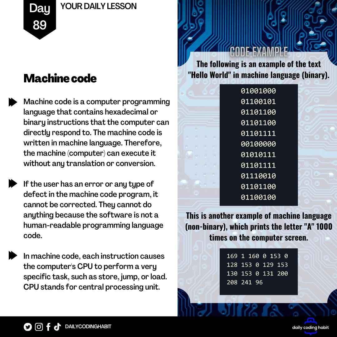 Dailycodinghab1's tweet image. Machine Code ? #machinecode #assembly #compiler #programming #javascript #js #coder #python #java #cplusplus #datastructure #computerscience #c #cplusplus #datascience #codingtips #php #coderlife #golang #coding #programmer #developer #dev #100DaysOfCode #dailycodinghabit