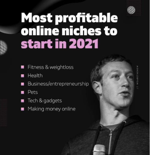 Most profitable online niches to start in 2021

-Fitness &amp; Weightloss
-Health
-Business/Entrepreneurship
-Pets
-Tech &amp; Gadgets
-Making money online

If you need any branding or marketing services
DM us.

here is My Portfolio:
lnkd.in/gYU-hUZ