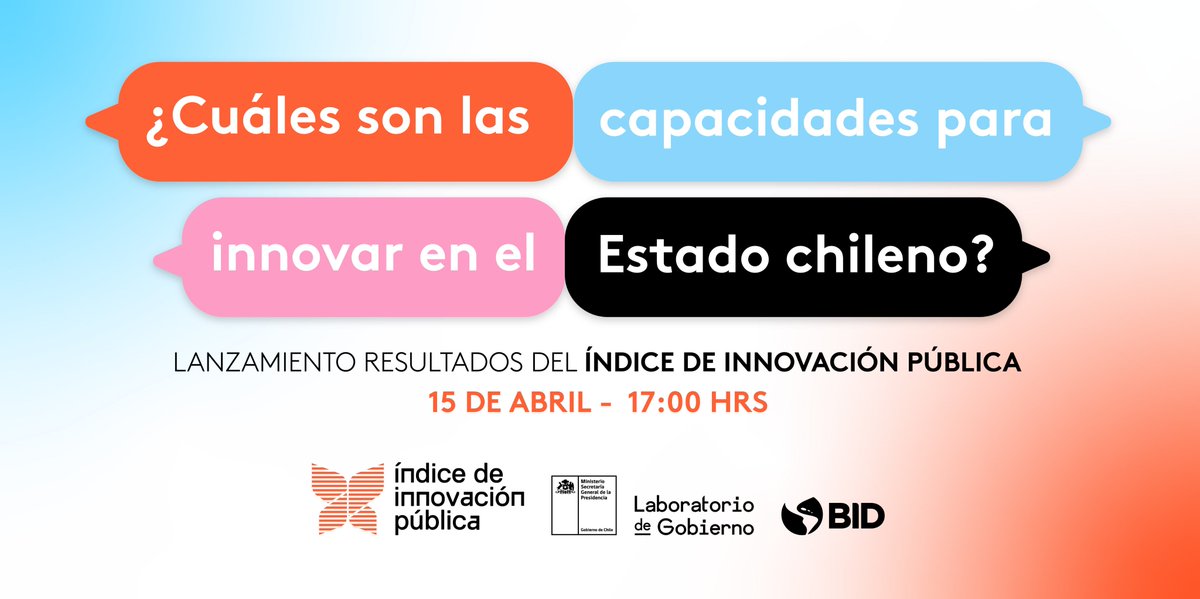 ModernizacionMH's tweet image. ¿Cuáles son las capacidades para innovar y qué tan innovador es el Estado chileno? 
Resultados del 1º Índice de Innovación Pública del @labgobcl  este 15/4 a las 17 hrs. 
Insumo importante del índice es esta nuestra medición de satisfacción de usuarios. 
labgobcl.typeform.com/to/mavASM5M