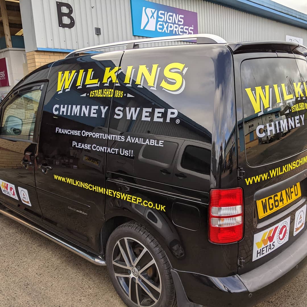 SxNewcastle's tweet photo. Lovely graphics popping on the black van for Wilkins chimney sweeps. Using @Metamarkuk md7 coloured vinyls for a stunning finish. #van #chimney #sweep #Northumberland #northeast https://t.co/UhxZchLOaR