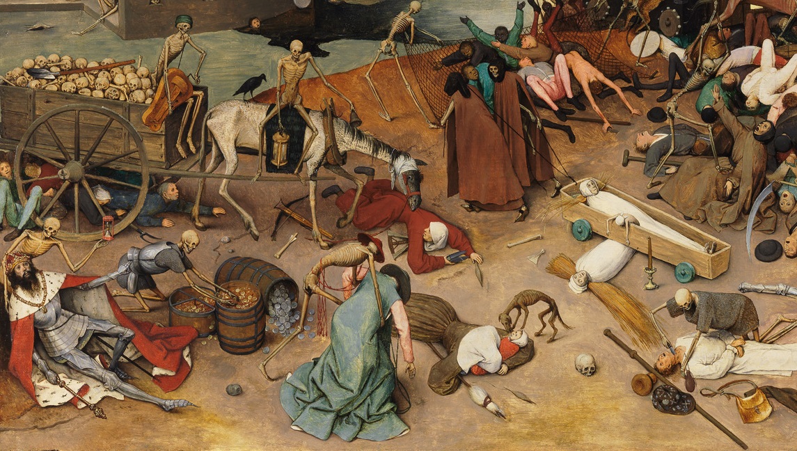 O πίνακας του Bruegel δείχνει τον "στρατό" της βουβωνικής πανώλης, χιλιάδες σκελετοί με όπλα, να σκορπούν τον θάνατο στο διάβα τους, διαμελίζοντας τον κόσμο που τρέχει να κρυφτεί σε μια καταπακτή.. Η λεπτομέρεια των σκηνών είναι ανατριχιαστική.4/