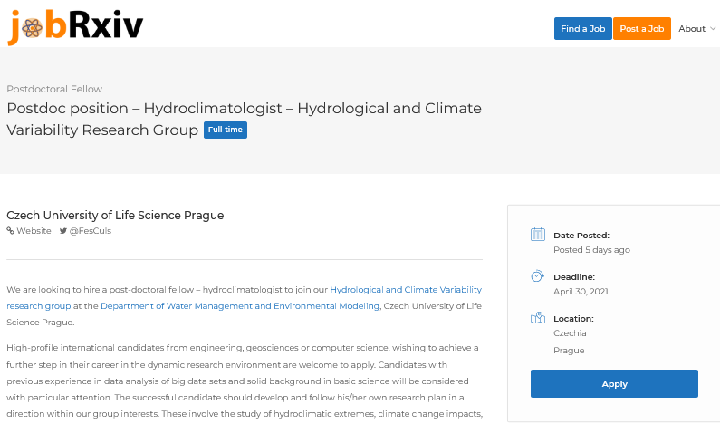 jobRxiv's tweet image. Postdoc position – Hydroclimatologist – Hydrological and Climate Variability Research Group

@FesCuls, Czech University of Life Science Prague, Czechia

jobrxiv.org/job/czech-univ…

#ScienceJobs #hydrologicalModeling #geosciences #hydroclimatology