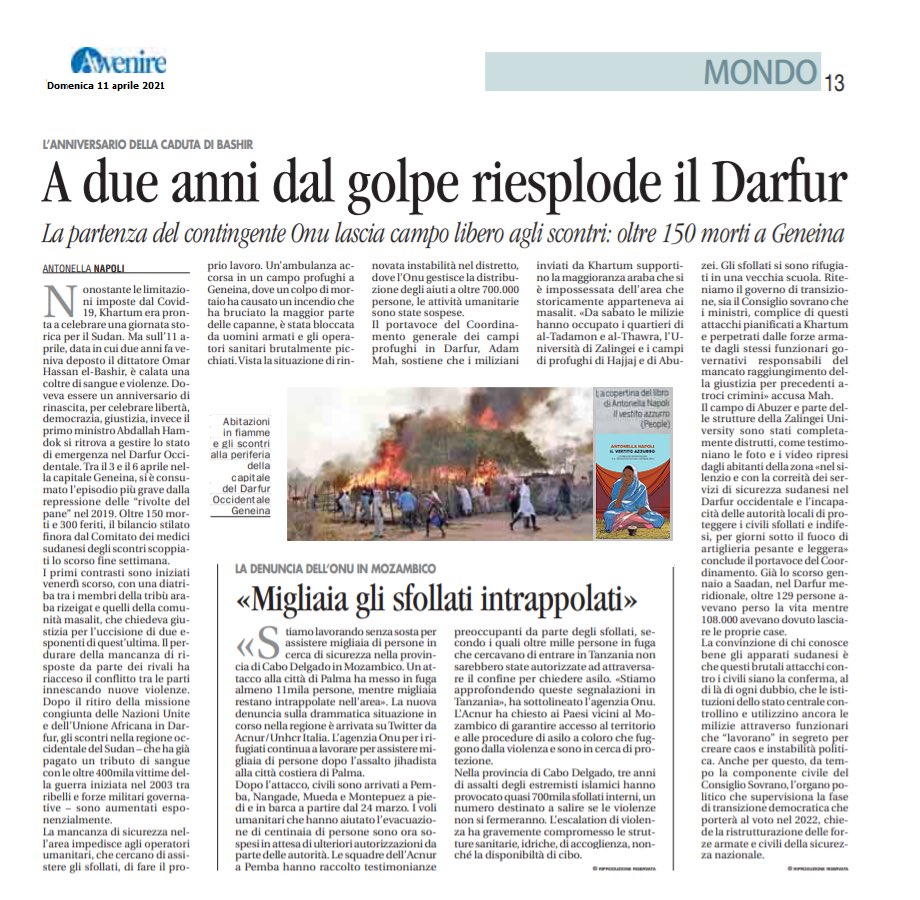 AntonellaNapoli's tweet image. Il racconto di un anniversario segnato dal sangue e da violenze in #Darfur. Una transizione democratica, o almeno questo è il tentativo del premier @SudanPMHamdok, che procede tra gli attacchi di chi vorrebbe il fallimento della rivoluzione che ha portato alla caduta di #Bashir.