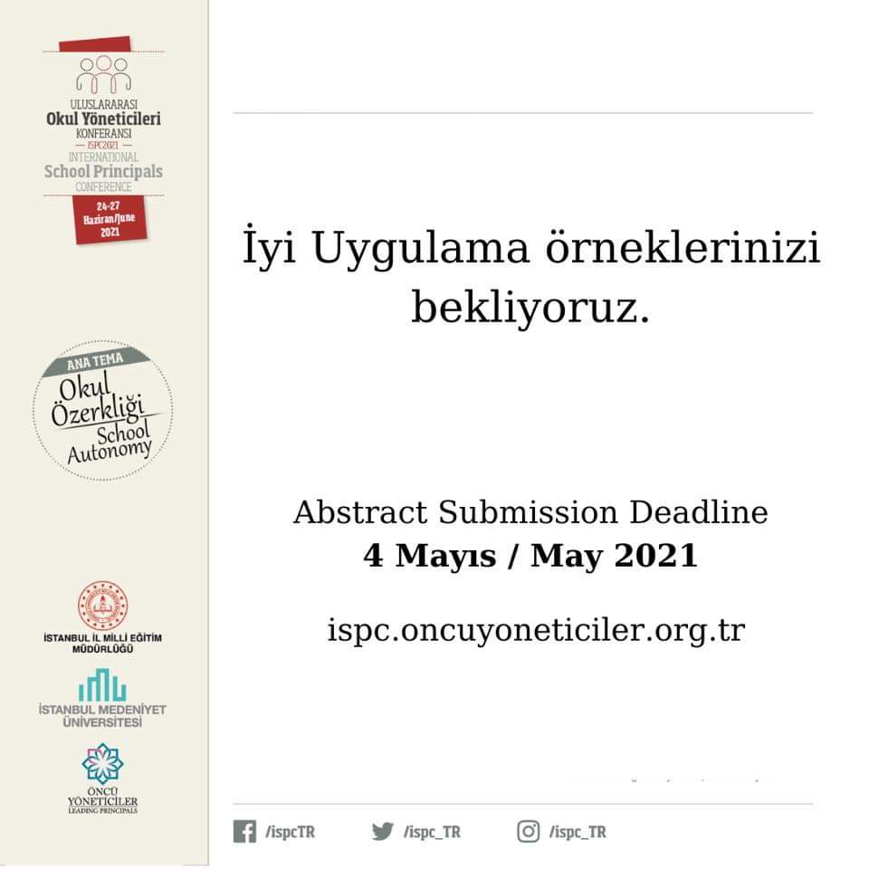 ftm___ytm's tweet image. Başvurular devam ediyor!

oncuyoneticiler.org.tr/ispc2021/
#ISPC2021 #ÖncüYöneticiler #Alanyazın #EtikOkul #YeniYazı
#konferans #conference