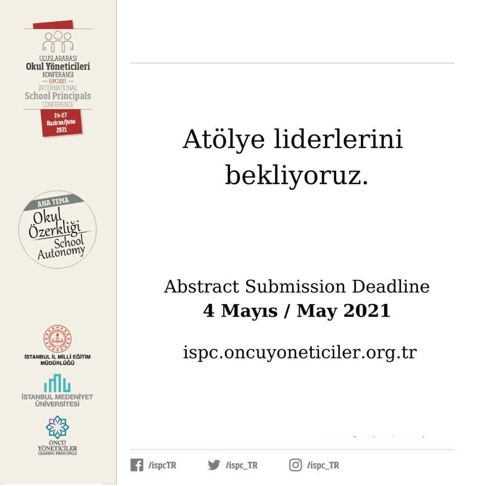 ftm___ytm's tweet image. Başvurular devam ediyor!

oncuyoneticiler.org.tr/ispc2021/
#ISPC2021 #ÖncüYöneticiler #Alanyazın #EtikOkul #YeniYazı
#konferans #conference