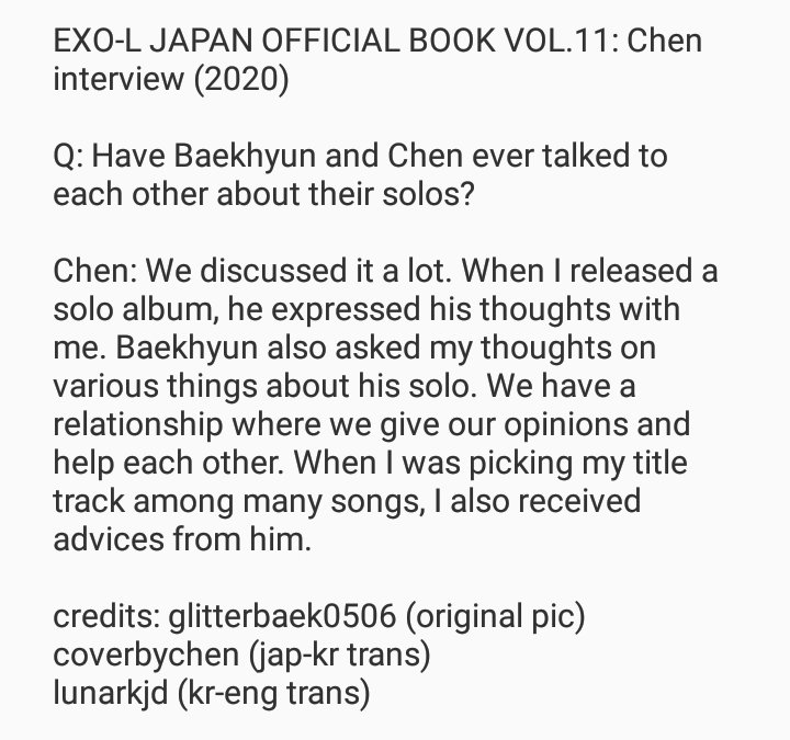 Q: Have B&C ever talked to e/o about their solos?JD: We discussed it a lot. (...) We have a relationship where we give our opinions and help each other. When I was picking my title track among many songs, I also received advices from him.ㅡEXO-L Japan official magazine Vol.11