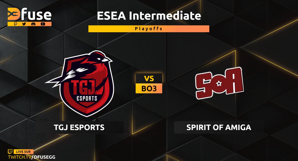 On se retrouve ce soir pour le quart de final d'ESEA Intermediate avec TGJ Esports (ex NidhoGG) 
Encore 3 BO3 à gagner pour rêver d'ESEA Advanced !

20h🇫🇷 <a href="/TGJ_Esports/">T G J</a> vs <a href="/SpiritofAmigaCS/">Spirit of Amiga</a> 🇩🇰
🗺️ BO3 
🎙️@ZaReKCSGO &amp; @Jyem_csgo
📺 twitch.tv/dfusegg