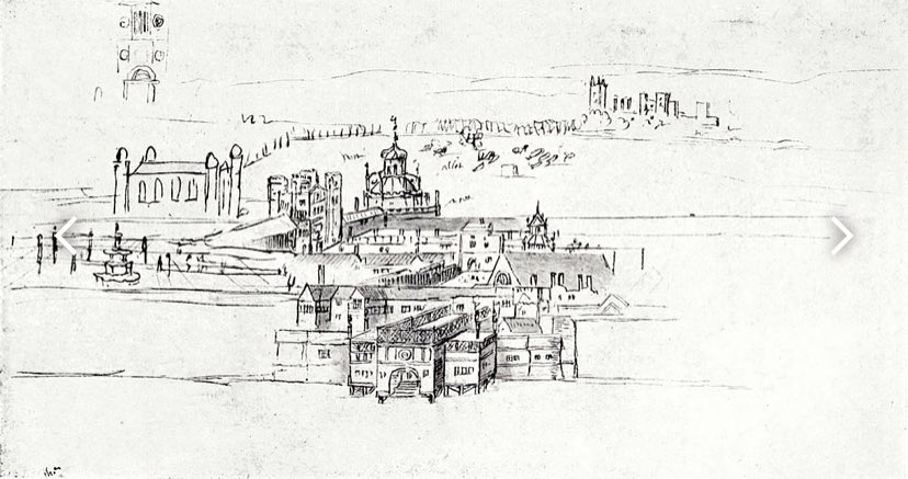 Originally called York Place, after the Archbishop of York, who owned a property there, it was – like Hampton Court Palace – developed by Wolsey, & then appropriated by Henry VIII. He married Anne Boleyn & Jane Seymour in its chapel, & died there in January 1547. (Sketch is 1544)
