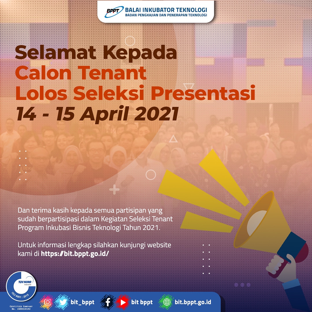 bit_bppt's tweet photo. Pengumuman Lolos Seleksi Presentasi

Hi Technopreneur, 
Kami ucapkan selamat kepada calon tenant yang LOLOS SELEKSI PRESENTASI. 
Untuk lebih jelasnya bisa dilihat di https://t.co/EvQ7HUv1Pz

#bit #bit_bppt #bppt_ri #seleksi #tenant #inkubasi #pengumuman #presentasi https://t.co/dcgadu3kde