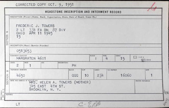 NvrForgetCinci's tweet photo. #WeRemember 2Lt Frederic J Towers of Brooklyn, NY &amp; Hyde Park, OH. He graduated from @stxinfo ‘39 &amp; @uofcincyalumni ‘43 before enlisting. He served in the 87th Infantry &amp; was #KIA #OTD 11 April 1945 in Germany. He is buried @usabmc Netherland American Cemetery. #WWII https://t.co/s9L0nnPFi2