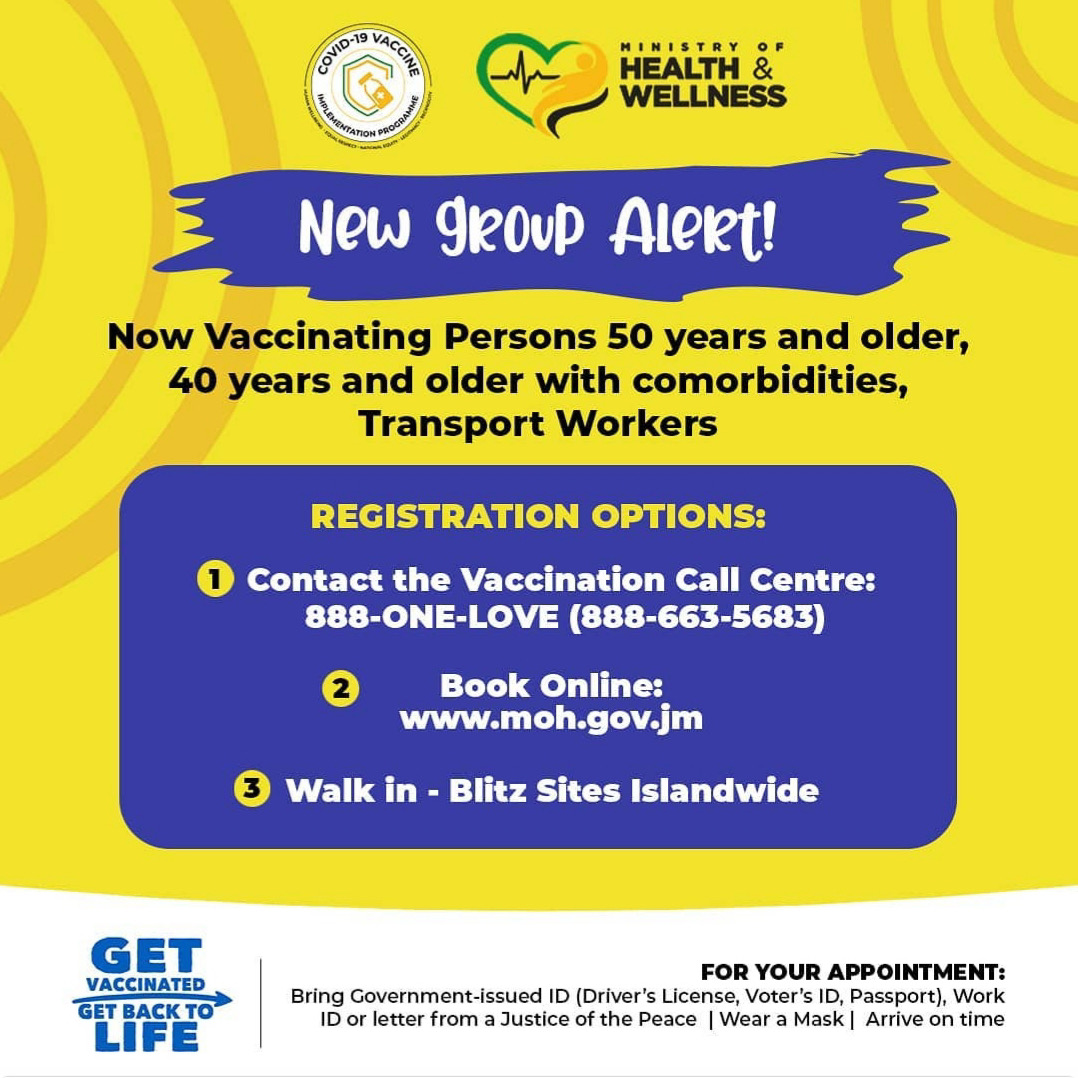 SRHAJamaica's tweet photo. #VaxUpdate Three new categories added for vaccination at islandwide blitz starting Sunday, April 11 2021:
40 years and older with comorbid conditions
50 years and older Transport Workers.
#vaccinateja
@christufton @julietcuthbert @mohnerha @wrhagovjm @theserhajm https://t.co/ZLORRbcf9p