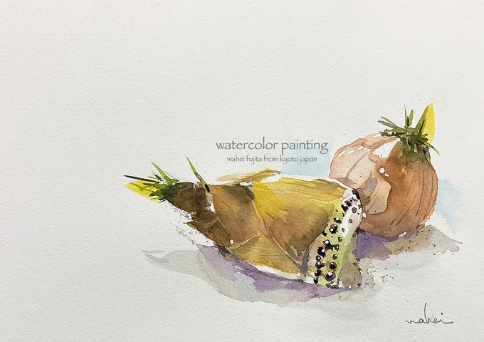 明日の教材を描きました。力を入れると古くなる野菜。美味しく描いて下さいね^ ^#Watercolor #スケッチ #水彩画 #淡彩略画 #動物画 #風景画 #透明水彩 #京都水彩画塾  #水彩画ワークショップ  #水彩画教室  #京都の絵画教室 